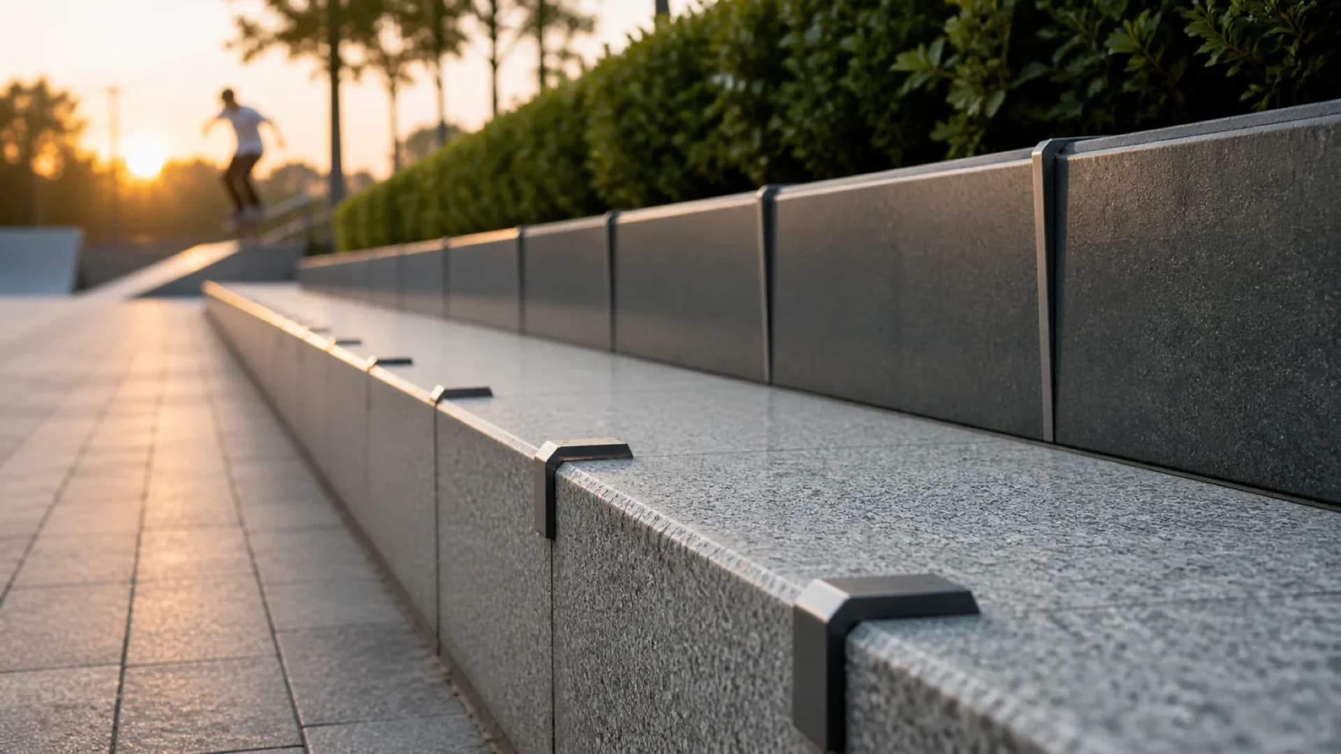 Stainless skate stoppers and skateboard deterrents installed on a granite ledge in a Canadian downtown plaza