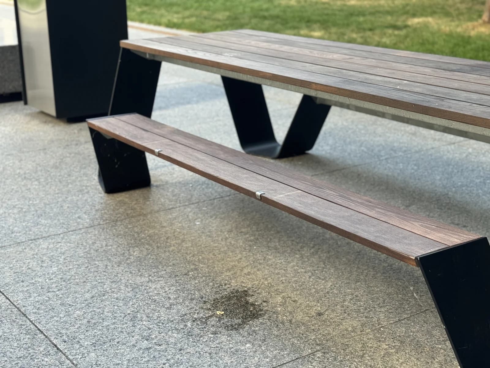 Skateboard Deterrents for Benches installed in a Canadian commercial setting — stainless skateboard deterrent hardware